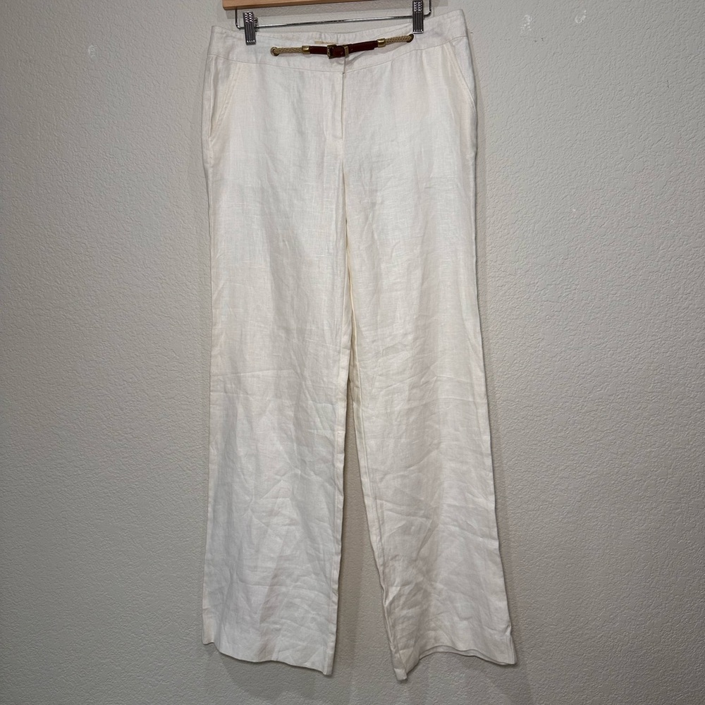Michael Kors Womens 100%‎ Linen Wide Leg Trousers Off White Belted Size 8
